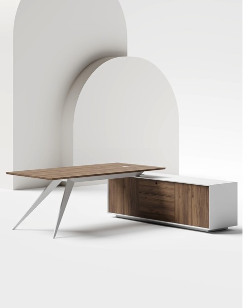 Zenon White L-Shape Executive Desk Alpine Walnut