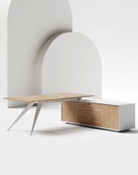 Zenon White L-Shape Executive Desk Amber Walnut