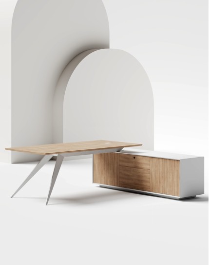 Zenon White L-Shape Executive Desk Amber Walnut