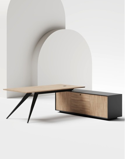 Zenon Black L-Shape Executive Desk Amber Walnut