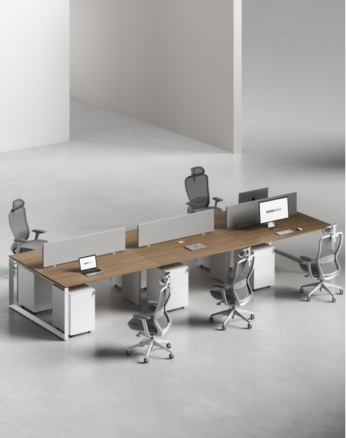 Ace Series Cluster of 6x Face to Face Workstation Desk Amber Walnut White